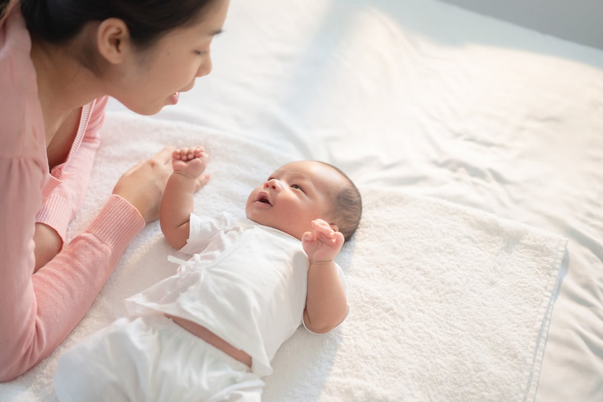 Newborn baby Talking to mom